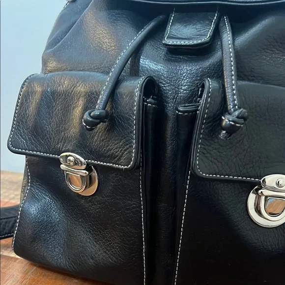 Perlina Black Buttery Smooth Pebbled Leather Backpack - Picture 2 of 14